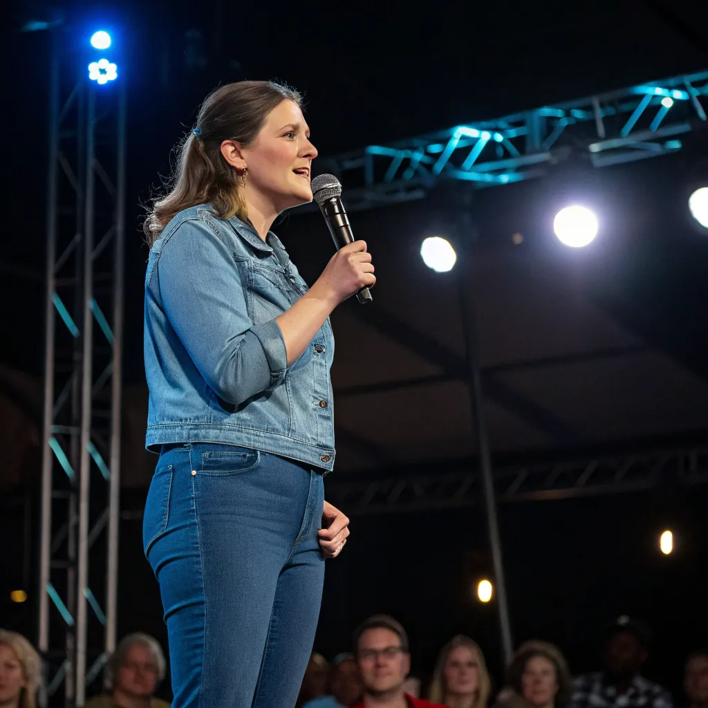 Emily speaking confidently on stage