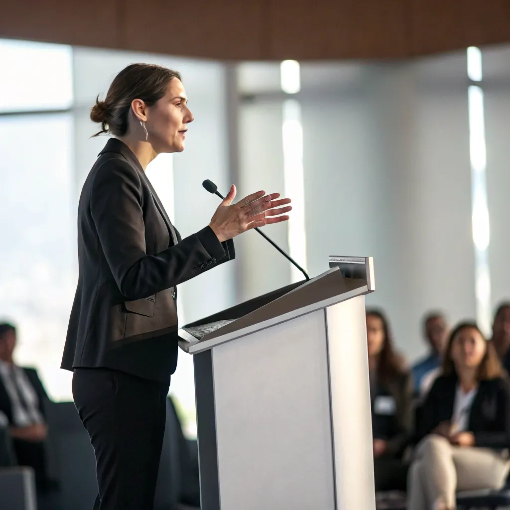 A confident public speaker at a podium